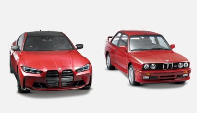 BMWの新型 M4 クーペ と初代 M3 （1989年式）のワンオフモデル