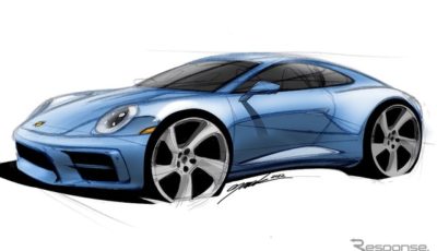 映画『カーズ』の「サリー・カレーラ」の実車化モデルのスケッチ。最新ポルシェ911ベース