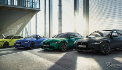 BMW Mの主要モデル。左からM4クーペ、M4カブリオレ、M3セダン、M3ツーリング