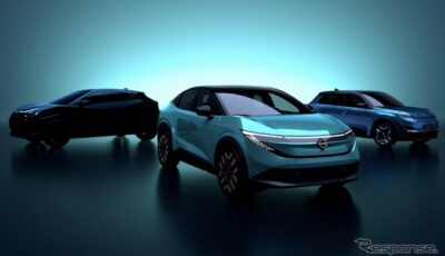 欧州向け日産車、ティザー。中央が新型リーフ