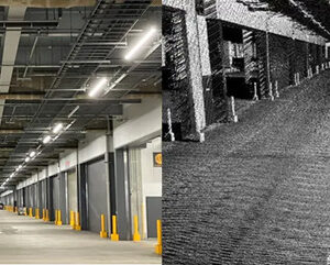 物流倉庫「東京流通センター A棟」の施設内画像と、計測車両を走行させ収集した施設内の高精度地図用点群データ