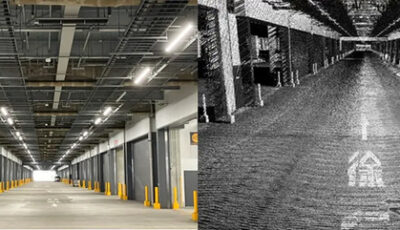 物流倉庫「東京流通センター A棟」の施設内画像と、計測車両を走行させ収集した施設内の高精度地図用点群データ