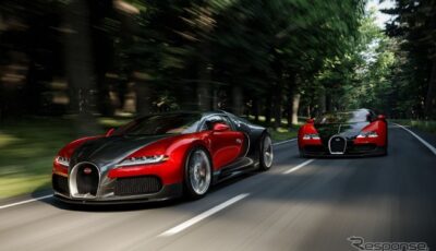 ブガッティ F.K.P.オマージュ（左）とヴェイロン（右）