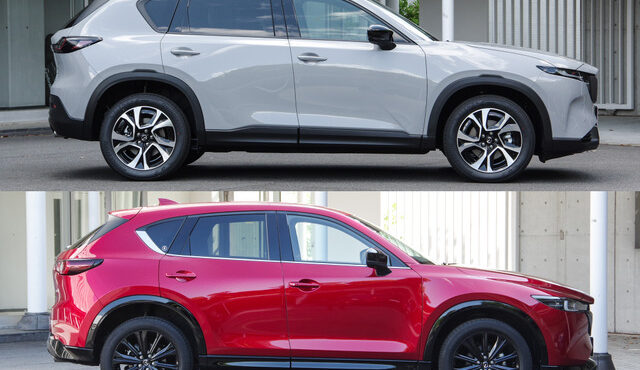 マツダ CX-5 新型(上)と従来モデル(下)のサイドビュー